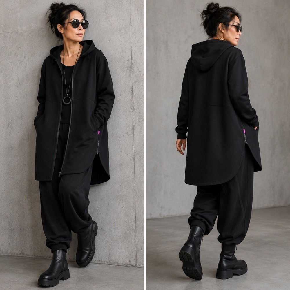 Ruti Black Loose Fit Longline Scuba Jacket Womens L XL Hooded Zip